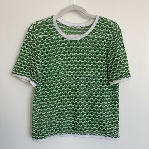 Zara Crochet Knit Top Green White | Size Large